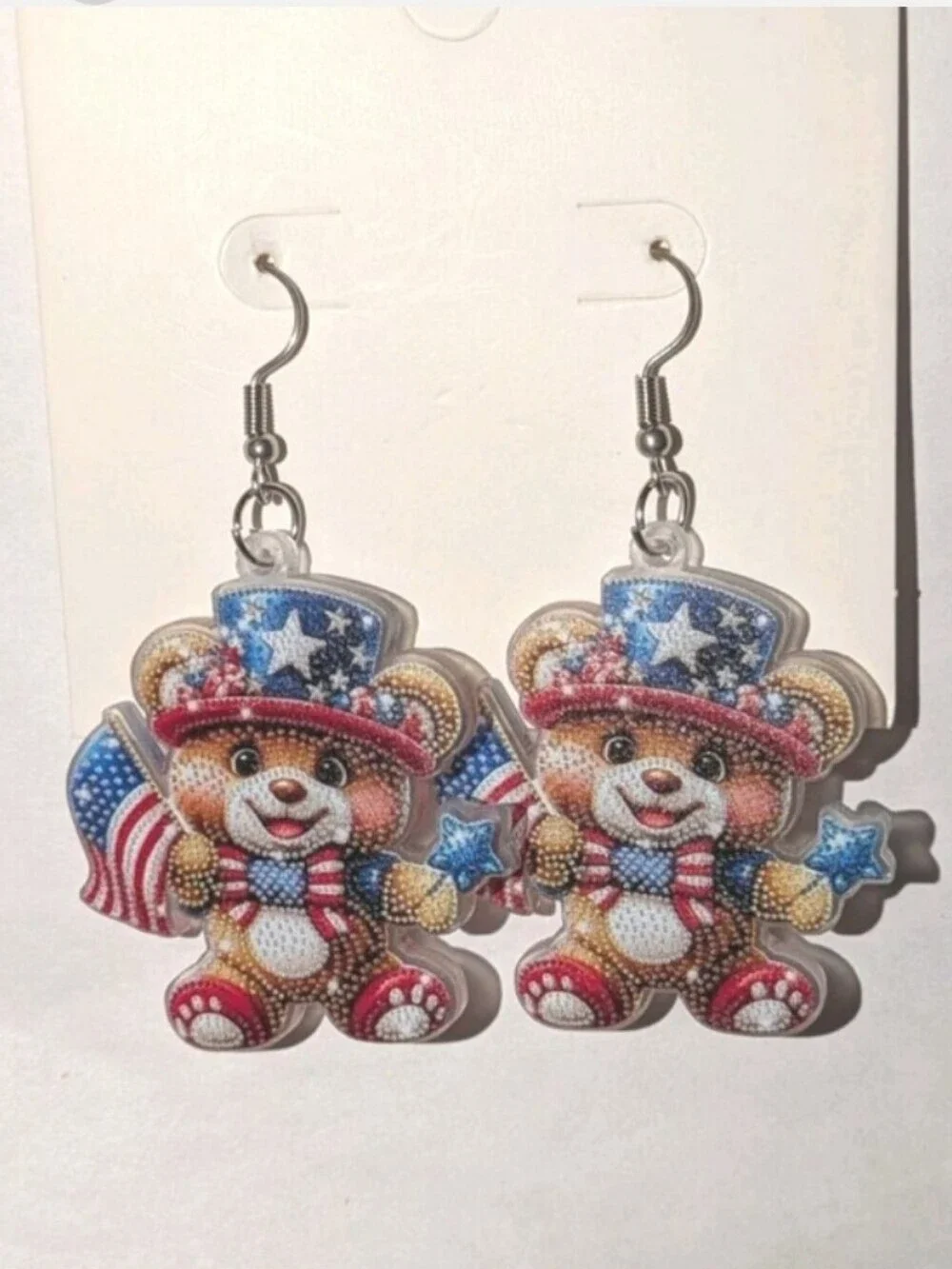Patriotic Teddy Bear Dangle Earrings - Red White Blue